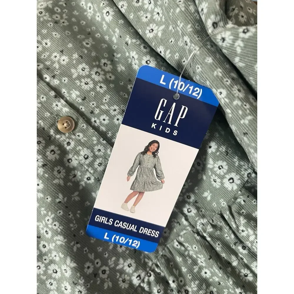 Gap Kids Green Corduroy Floral Casual Flower Dress Long Sleeves Buttoned‎ LARGE